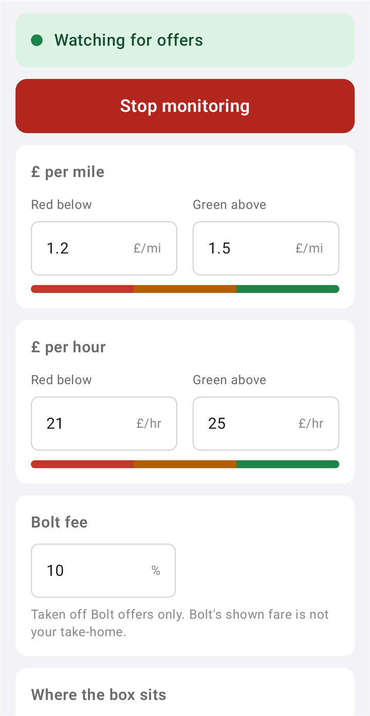 The FareCheck main screen while watching for offers, with red and green limits for pounds per mile and pounds per hour.